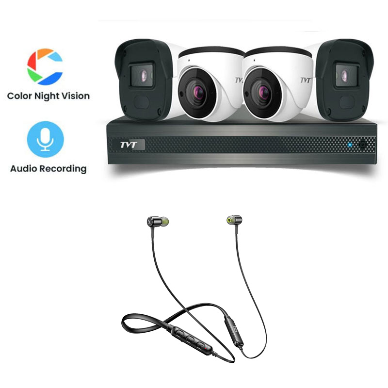 Picture of TVT 4 CCTV Cameras Combo (2 Indoor & 2 Outdoor CCTV Cameras) (Colour View With Mic) 👨🏻‍🔧 With CCTV Installation + 4CH DVR + HDD + Accessories + Power Supply + 90m Cable + Flix Beetel Blaze 100 Wireless Bluetooth in Ear Comfortable Sports Neckband